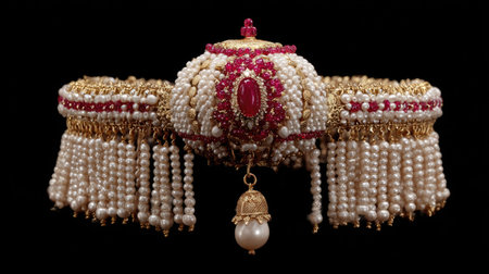 This stunning gold headdress features intricate designs adorned with pearls and rubies, perfect for traditional ceremonies and cultural celebrations.の素材