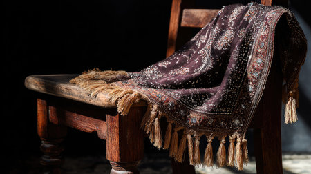 A beautifully crafted dark fabric shawl rests on a rustic wooden chair, featuring intricate embroidery and elegant tassels, illuminated by soft sunlight.の素材