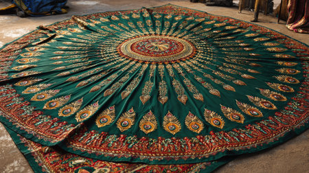 This captivating traditional textile features an intricate design with vibrant colors and detailed embroidery on a rich green fabric base. The circular layout showcases cultural craftsmanship and artistic beauty, making it a perfect decor element for various settings.の素材