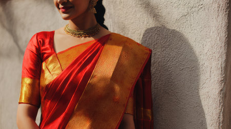 A graceful woman adorns a stunning red and gold saree, embodying traditional elegance in a beautiful portrait against a textured wall.の素材