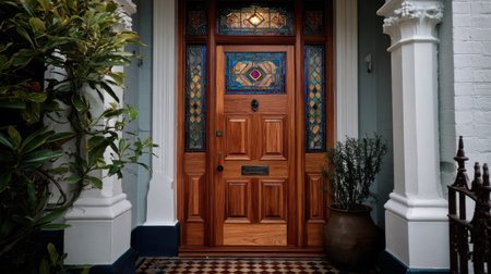 A beautifully crafted wooden door features intricate stained glass and decorative elements, creating a welcoming entrance for a charming residential home.の素材