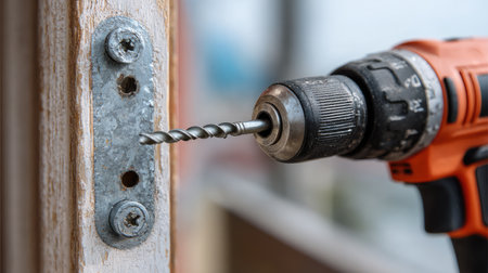 This close-up image features an electric drill engaged in drilling into a metal surface, highlighting the drill bit's intricate design and functionality.の素材