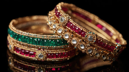 A stunning display of elegant gold bangles featuring vibrant emerald and ruby gemstones, showcasing luxurious craftsmanship and timeless beauty.の素材