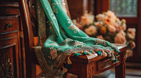 A stunning green fabric elegantly draped over a vintage wooden chair creates a warm and inviting atmosphere, enhanced by a floral backdrop. Perfect for showcasing textile design.の素材