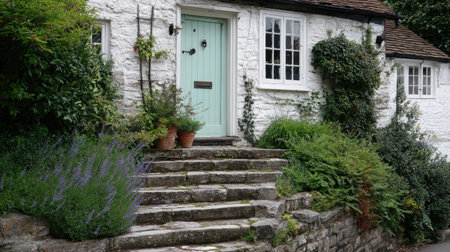 A picturesque cottage entrance featuring charming stone steps leading to a pastel blue door, surrounded by lush greenery and vibrant flowers.の素材