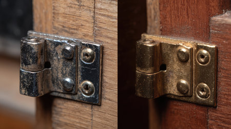 This image features two distinct door hinges set against wooden surfaces, showcasing different finishes and signs of wear. Perfect for hardware analysis.の素材