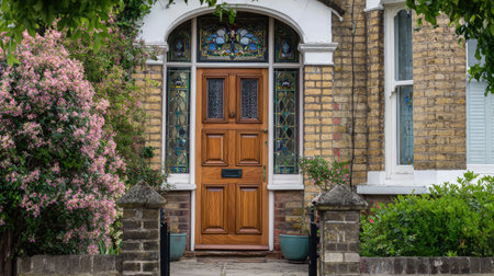 This captivating image showcases a traditional front door with intricate design elements, framed by lush greenery and vibrant flowers, evoking a serene atmosphere.の素材