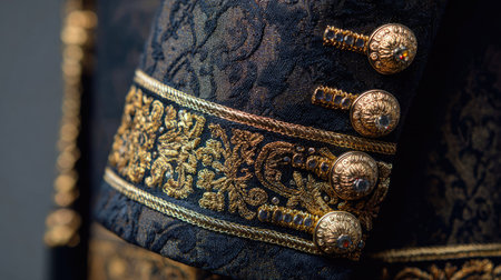 Discover the exquisite detail of luxurious fabric adorned with gold embroidery and striking buttons, showcasing timeless elegance in fashion design.の素材