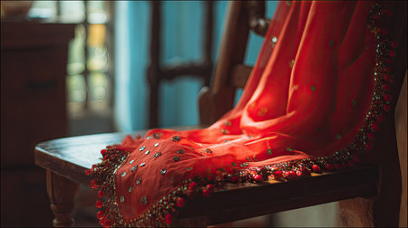 Beautifully draped red fabric with intricate embellishments rests on a rustic wooden chair, illuminated by soft natural light, creating an inviting atmosphere.の素材