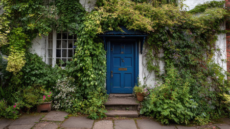 Discover a picturesque scene featuring a blue doorway embraced by flourishing greenery and vibrant plants, creating an inviting and tranquil ambiance.の素材