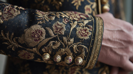 A stunning close-up of an elegant sleeve featuring intricate embroidery with floral patterns and metallic threads, showcasing traditional craftsmanship and culture.の素材