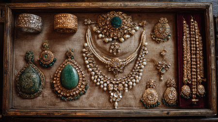This stunning display showcases a selection of traditional jewelry featuring intricate designs, vibrant gems, and elegant craftsmanship, perfect for fashion or cultural themes.の素材