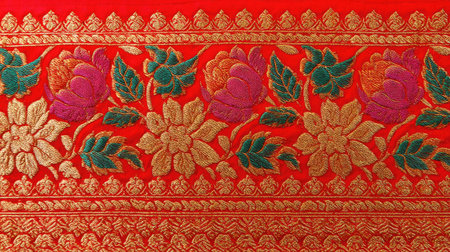 This vibrant traditional embroidery features a stunning floral pattern on a bold red fabric, showcasing intricate details and colorful stitches. Ideal for cultural projects.の素材