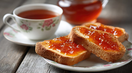 Enjoy a cozy breakfast scene featuring freshly toasted bread slices generously topped with sweet fruit jam, paired with a comforting cup of tea.の素材