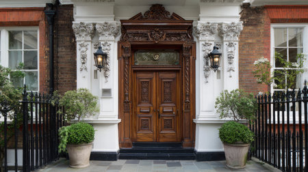 Elegant entrance showcasing intricate woodwork and unique lanterns, perfect for urban architecture and historical building designs.の素材