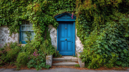 This charming image features a stunning blue door enveloped in lush green ivy, showcasing nature's beauty against a rustic cottage backdrop.の素材