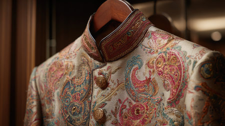 This captivating close-up of ethnic wear reveals intricate patterns and vibrant colors, showcasing exceptional craftsmanship and cultural heritage.の素材