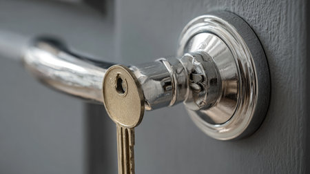 This close-up image showcases a silver key inserted into a sleek door handle, highlighting the intricate details of modern lock mechanisms. Perfect for interior themes.の素材