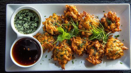 Enjoy a vibrant plate of crispy vegetable fritters paired with tangy dipping sauce and fresh herb garnish, perfect for appetizers or snacks.の素材