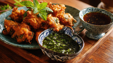 Delight in a plate of crispy vegetable fritters garnished with fresh mint, accompanied by vibrant green chutney and a spicy sauce, perfect for sharing.の素材