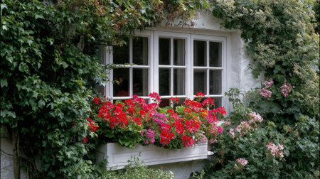 This enchanting image showcases a window box filled with vibrant red and pink flowers, beautifully framed by lush greenery, creating a serene garden atmosphere.の素材