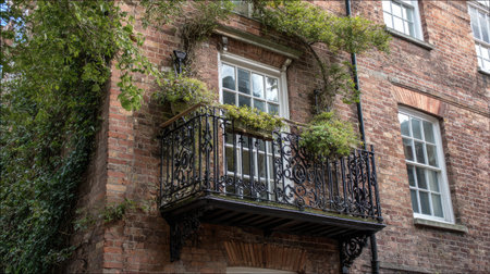 A beautiful balcony featuring intricate ironwork and thriving plants, set against a rustic brick wall, creates a charming urban atmosphere.の素材