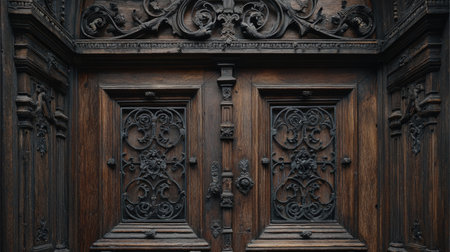 Close-up view of an ornate wooden door featuring delicate carvings and metal details, exemplifying vintage architectural beauty and craftsmanship.の素材