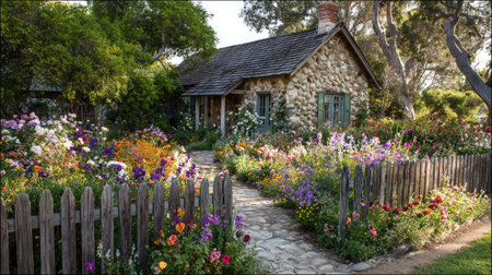 A delightful stone cottage nestled among a lively flower garden, featuring a winding pathway and rustic wooden fence, exuding charm and serenity.の素材