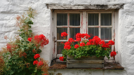 A picturesque rustic window framed by lively red geranium flowers offers a warm and inviting atmosphere. The white wall adds a classic rural charm.の素材