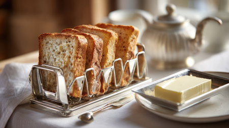 A charming scene featuring freshly toasted bread slices arranged on a silver rack next to a plate of butter, ideal for a cozy breakfast setting.の素材
