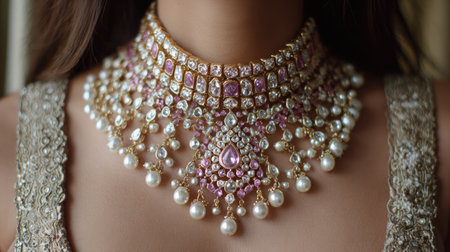 A stunning close-up view of a beautifully crafted necklace adorned with pearls and gemstones, showcasing intricate design and elegance on a model's neck.の素材