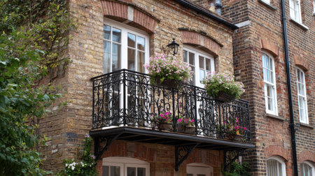This image features a charming brick building showcasing a decorative balcony. Colorful flower pots create a vibrant scene in an inviting urban setting.の素材
