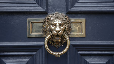 This stunning image showcases an ornate lion head door knocker set against a deep blue front door. The intricate brass detailing adds a vintage charm to any entrance.の素材