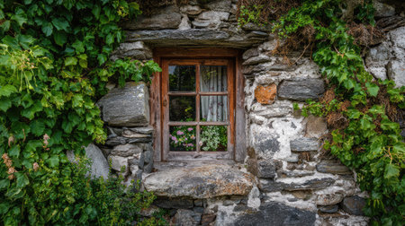 A charming window set within a weathered stone wall, beautifully framed by vibrant ivy and blooming flowers, offers a glimpse into a tranquil rural setting.の素材