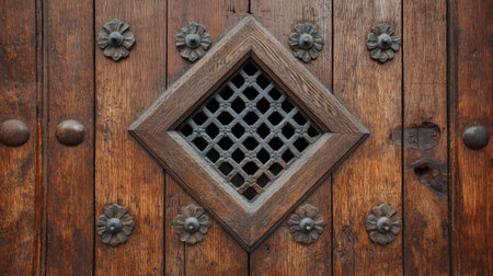 Close-up view of an ornate wooden door featuring a diamond-shaped grate and intricate flower motifs, showcasing rich textures and rustic charm.の素材