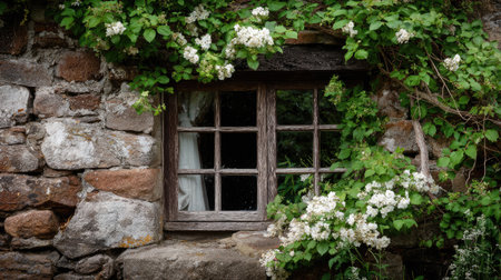 This image features a vintage window set in a rustic stone wall, surrounded by lush green foliage and blooming white flowers, creating a calm atmosphere.の素材