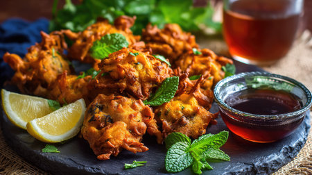 A tempting display of crispy vegetable fritters garnished with fresh mint and served with lemon wedges, ideal for sharing at gatherings or enjoying as snacks.の素材