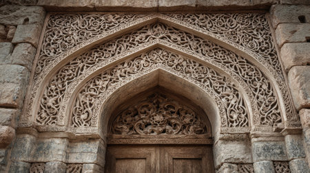 A close-up view of a beautifully carved stone entryway showcasing intricate designs and patterns, reflecting historical craftsmanship and cultural heritage.の素材