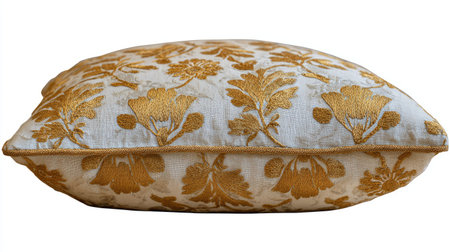 This decorative cushion features a stunning floral design in rich gold and soft cream colors, perfect for enhancing any home decor with elegance and comfort.の素材
