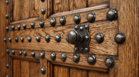 This image showcases a close-up view of a beautifully crafted wooden door featuring intricate metal studs and a decorative handle, highlighting fine craftsmanship.の素材