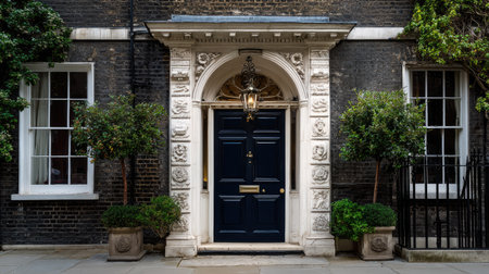 This image showcases an elegant entrance featuring a decorative door and vintage lantern, surrounded by greenery. The historical charm is highlighted by ornate stonework, making it a picturesque representation of classic architecture in an urban setting.の素材
