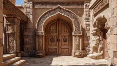A stunning view of intricately carved wooden doors set within an ornate arch, surrounded by vintage stonework, showcasing rich historical architecture.の素材