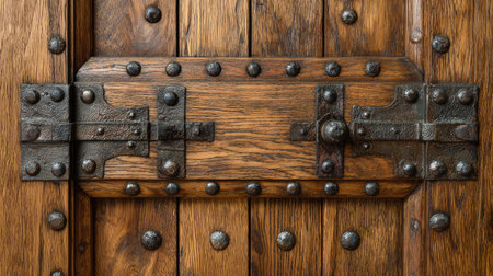 This image showcases a close-up view of a rustic wooden door featuring intricate iron hardware and decorative rivets, highlighting craftsmanship and vintage aesthetics.の素材
