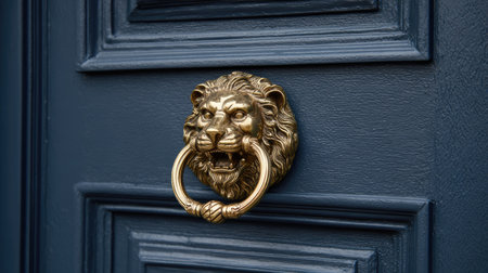 This image features an exquisite lion door knocker mounted on a blue wooden door, showcasing intricate craftsmanship and timeless elegance, perfect for enhancing any home's entrance.の素材