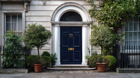 This image features a stunning entrance showcasing a dark blue door framed by lush greenery. The charming architecture reflects a peaceful, inviting atmosphere, perfect for enhancing the beauty of any home.の素材