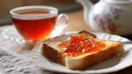 A comforting scene featuring freshly toasted bread topped with jam on a white plate, alongside a steaming cup of tea, ideal for morning or afternoon enjoyment.の素材