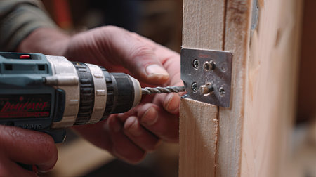 A close-up view of a hand operating a power drill while securing a metal bracket to a wooden surface in a workshop environment, showcasing craftsmanship.の素材