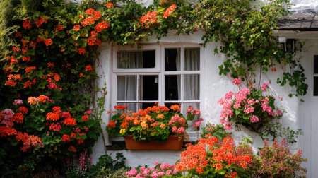 A picturesque cottage adorned with vibrant flowers in a variety of colors, showcasing natural beauty and charm in a serene outdoor setting.の素材