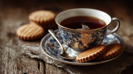 Indulge in an elegant setting featuring a delicate tea cup filled with rich black tea, accompanied by sweet biscuits perfect for a cozy break.の素材