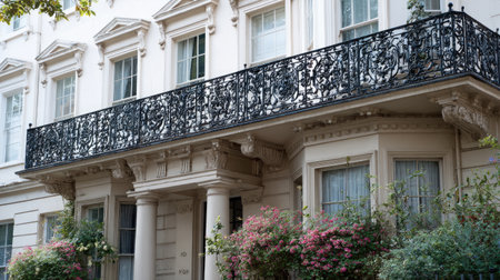 This image showcases an elegant Victorian building facade featuring an intricate ironwork balcony adorned with flowering plants, creating a charming urban scene.の素材